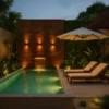 revestimento_brick_chocolate_area_externa_piscina_fonte_jardim Revestimento Brick Chocolate em área externa com piscina, cascata e jardim