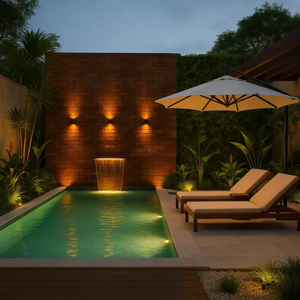 Revestimento Brick Chocolate em área externa com piscina, cascata e jardim