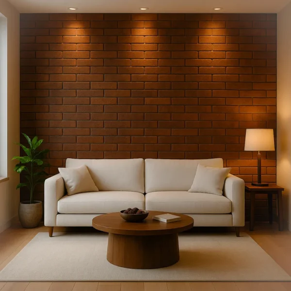 Revestimento Brick Chocolate em sala de estar com sofá